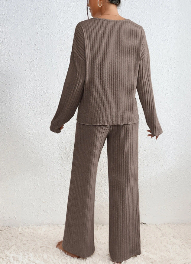 Luna – Geribde Tweedelige Set – V-Hals Trui & Broek – Cozy Lounge Look Dames