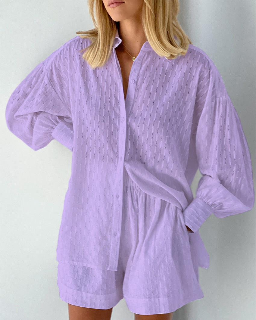 Sabrina | Gedessineerde dames two piece set met button-up shirt en comfortabele shorts