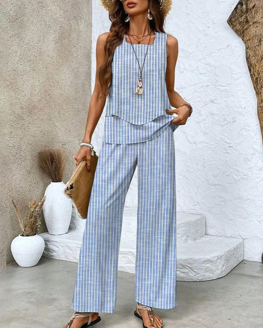 Onnah | Zomerse dames tweedelige set met gelaagde top en vloeiende broek