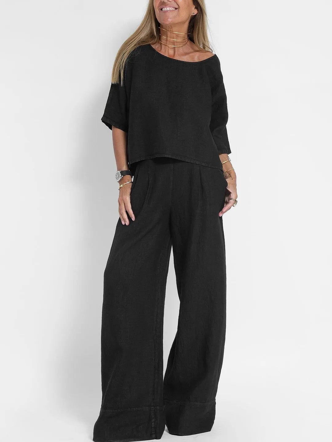Ademend Casual Outfit Set voor Elke Dag – Coördinerende Top en Broek in Beige, Wit, Zwart en Mosterd, Diverse Maten Beschikbaar 2