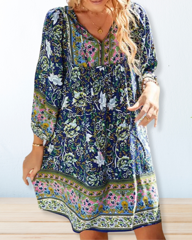 Boho Casual Lange Zomerjurk Dames met Bloemenpatroon en Lange Mouwen - Perfect voor Zomerse Dagen 0