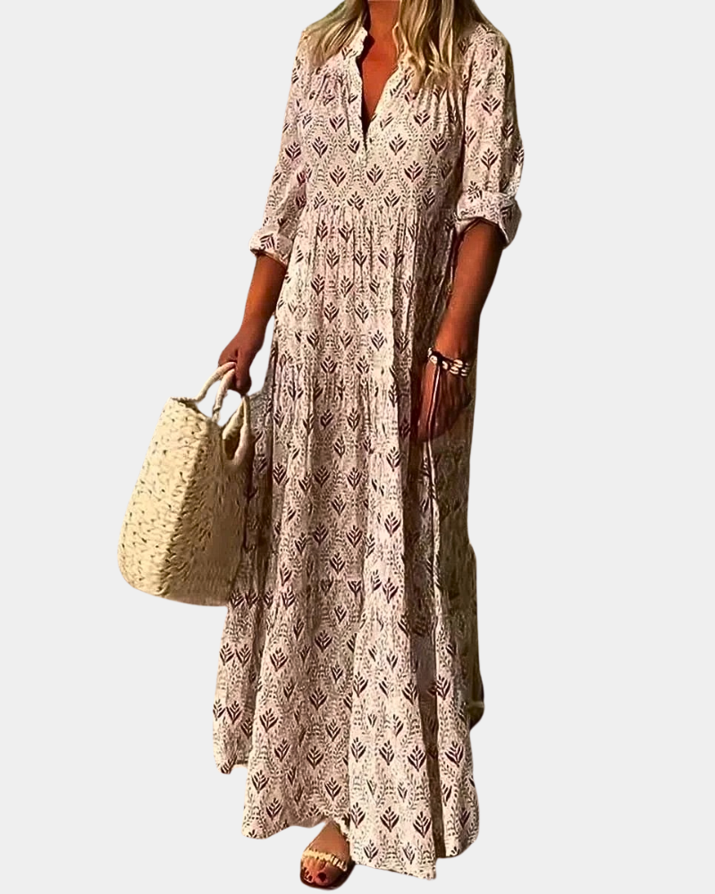 Boho Maxi Jurk Dames met Korte Kraag en Zakken – Lichtgewicht Lange Zomerjurk voor Casual en Chique Gelegenheden 0
