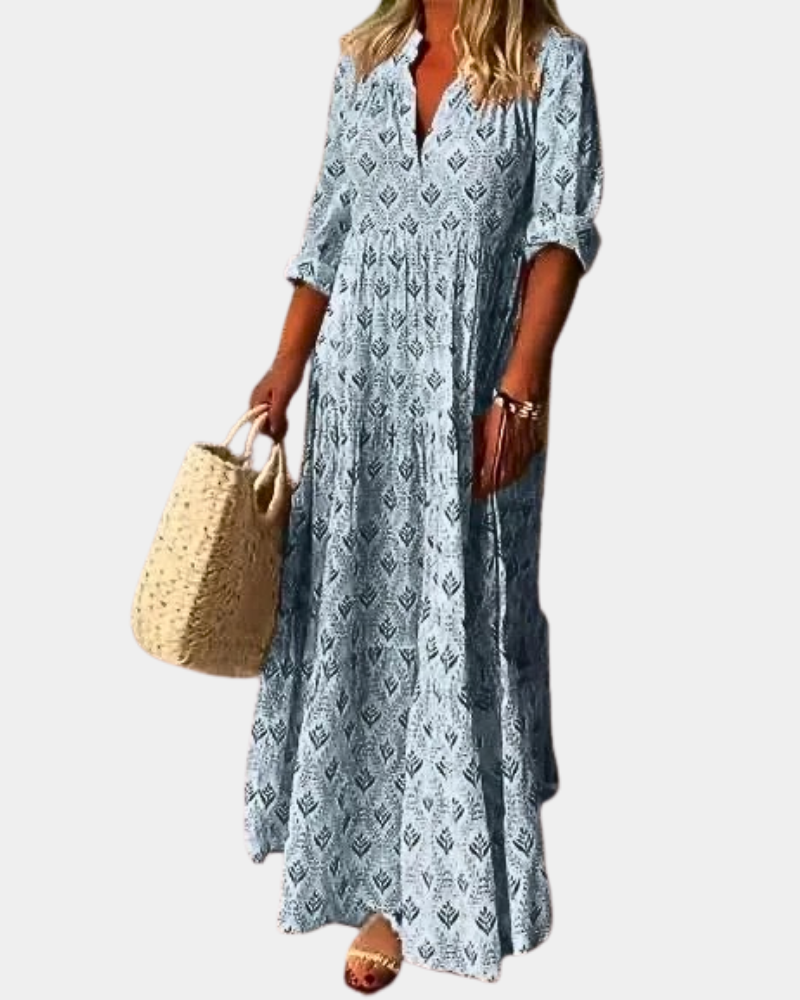 Boho Maxi Jurk Dames met Korte Kraag en Zakken – Lichtgewicht Lange Zomerjurk voor Casual en Chique Gelegenheden 1