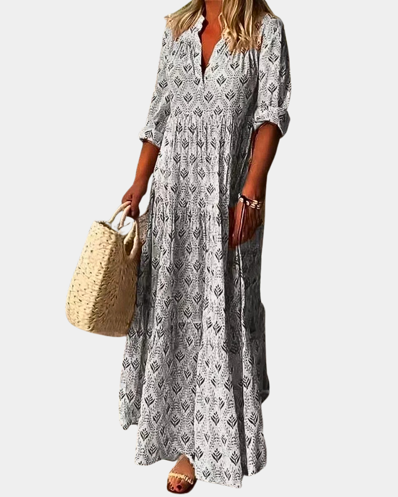 Boho Maxi Jurk Dames met Korte Kraag en Zakken – Lichtgewicht Lange Zomerjurk voor Casual en Chique Gelegenheden 3