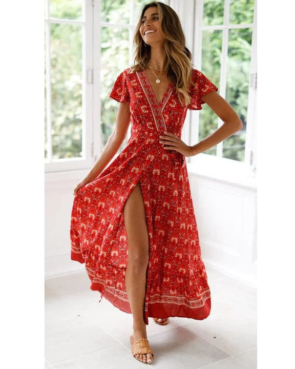 Boho Maxikleed met Wikkeloptiek en Hoge Split – Ademend Zomerjurk voor Vrouwen, Etnische Print, Maten S tot XL 0