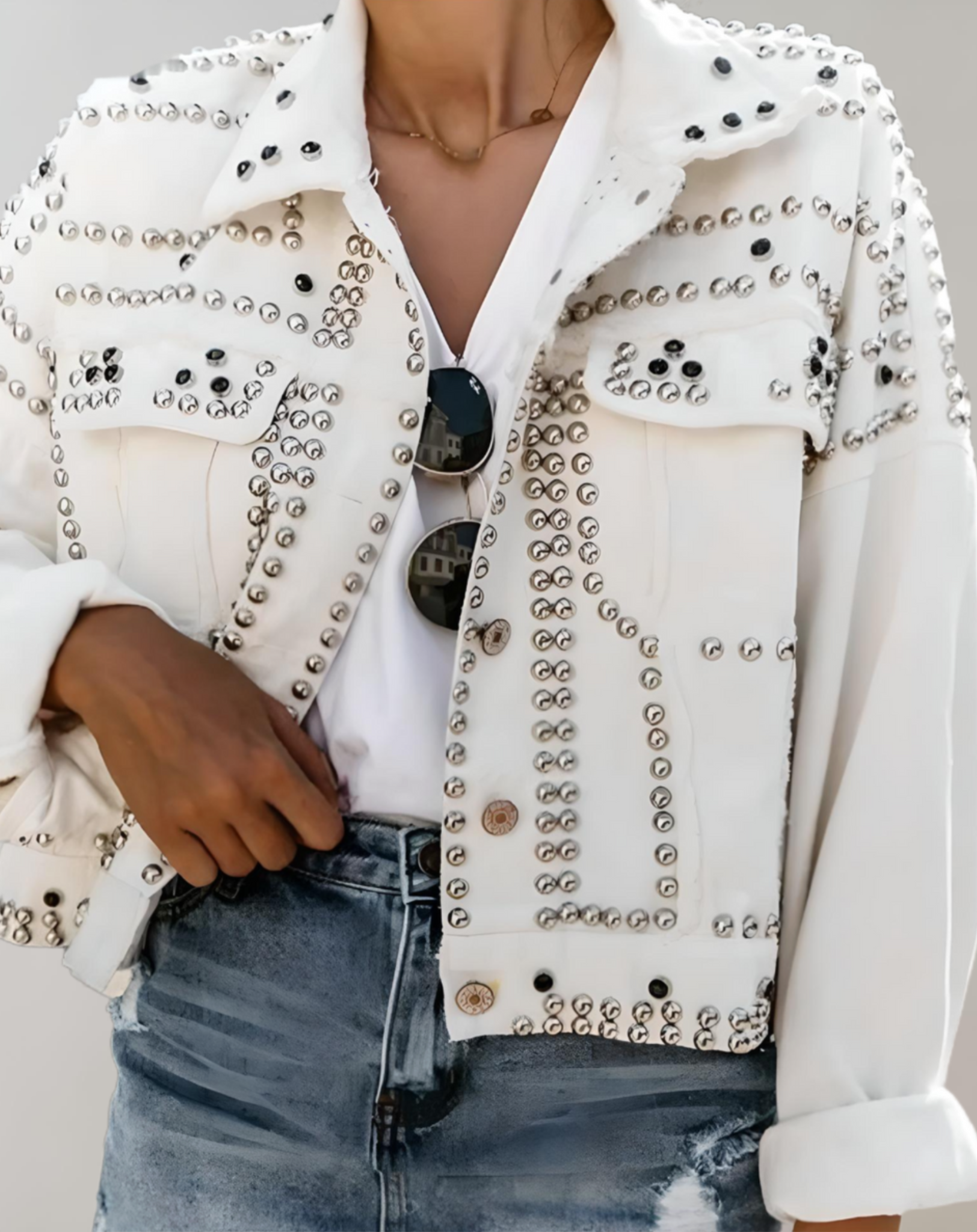 Chic Denim Jasje met Studs voor Dames – Duurzaam en Casual Herfstjack met Lange Mouwen, Beschikbaar in Meerdere Maten 6
