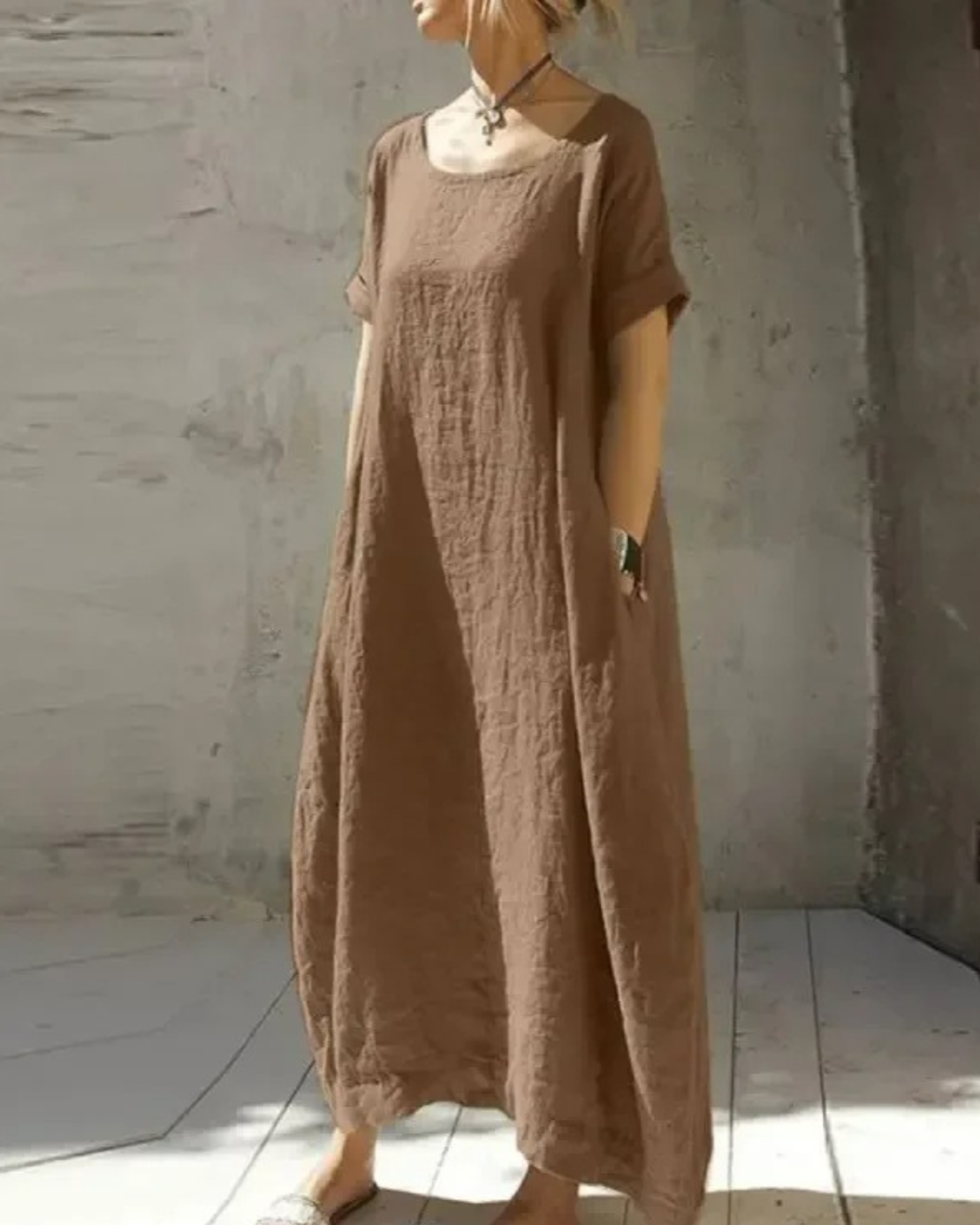 Edeline | Oversized damesjurk van katoen en linnen met korte mouwen en zakken