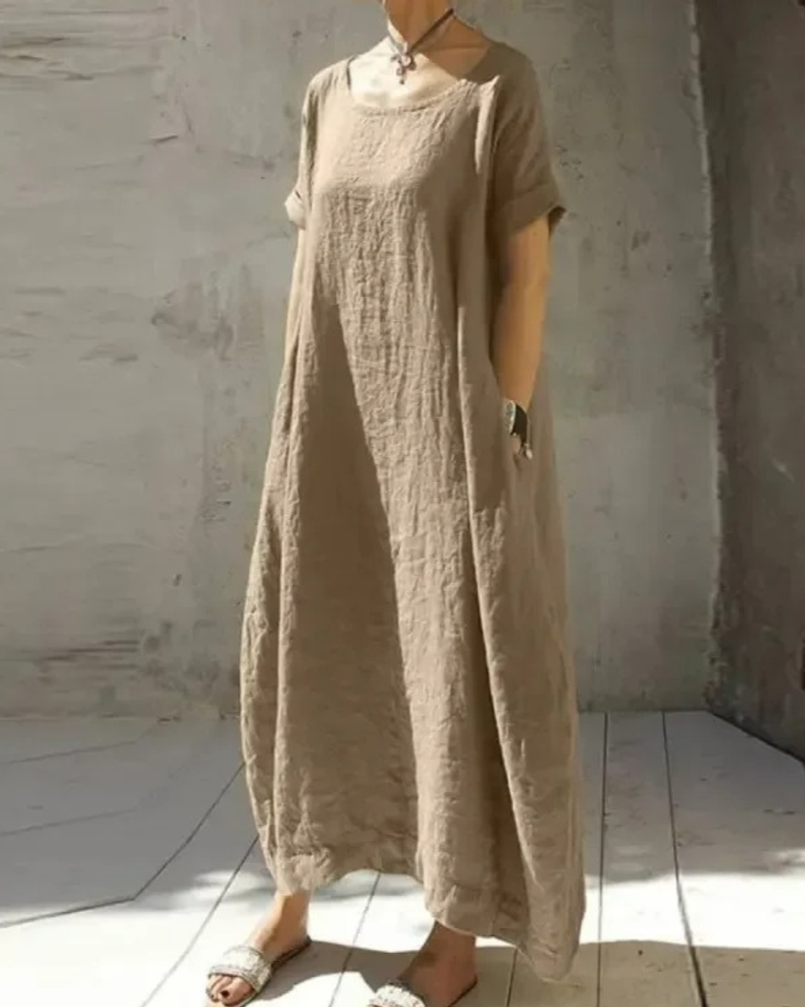 Edeline | Oversized damesjurk van katoen en linnen met korte mouwen en zakken