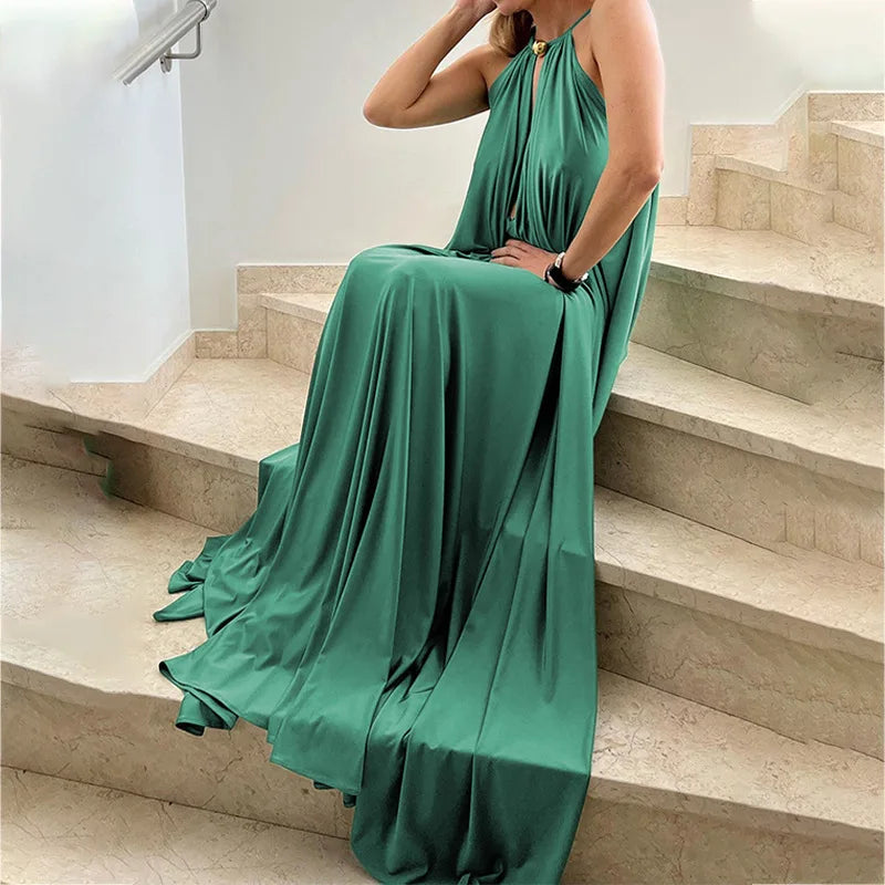 Elegante Maxi Jurk Dames met Asymmetrische Halslijn en Lange Mouwen – Zomerstijl met Hoge Split 3