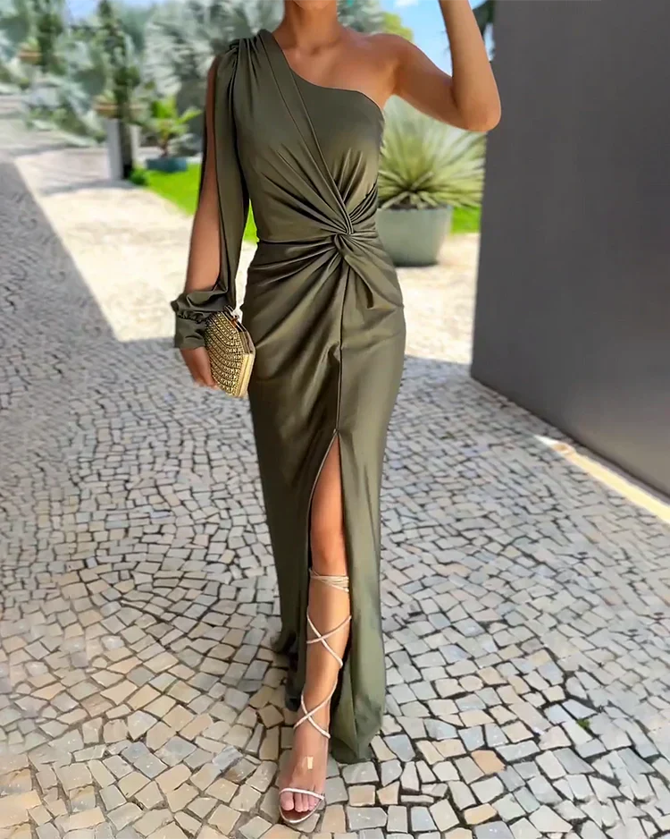 Elegante Maxi Jurk Dames met Eén Schouderband en Open Lange Mouw – Groene Lange Zomerjurk 0