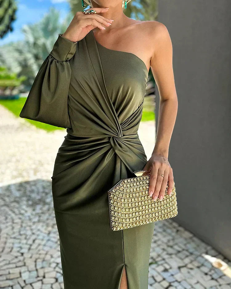 Elegante Maxi Jurk Dames met Eén Schouderband en Open Lange Mouw – Groene Lange Zomerjurk 1