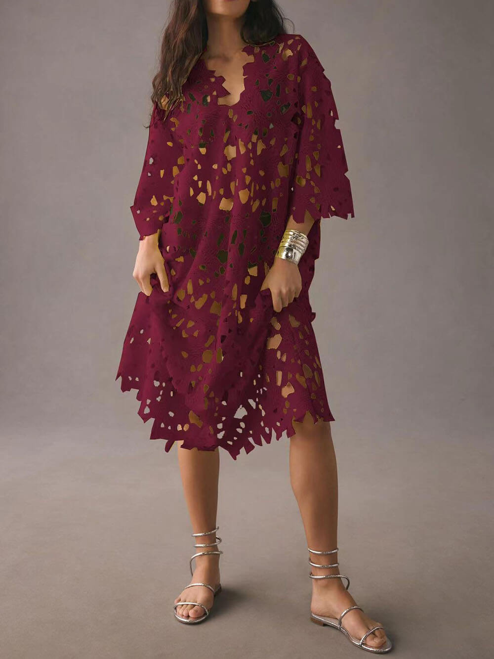 Elegante Midi Jurk voor Dames met Bloemenprint en Lange Mouwen - Zachte Ademend Stof, Flatterende Pasvorm 6