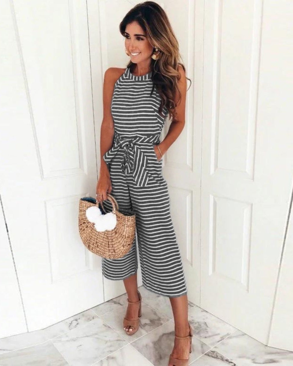 Gestreepte Jumpsuit met Wijde Pijpen en Mouwloos Ontwerp - Elegante Outfit voor Casual en Formele Gelegenheden 2
