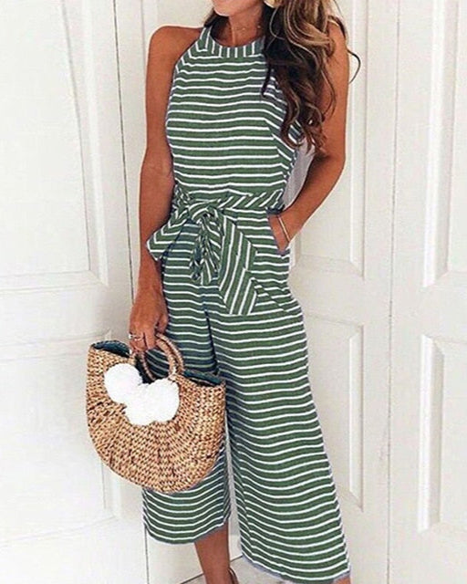 Gestreepte Jumpsuit met Wijde Pijpen en Mouwloos Ontwerp - Elegante Outfit voor Casual en Formele Gelegenheden 3