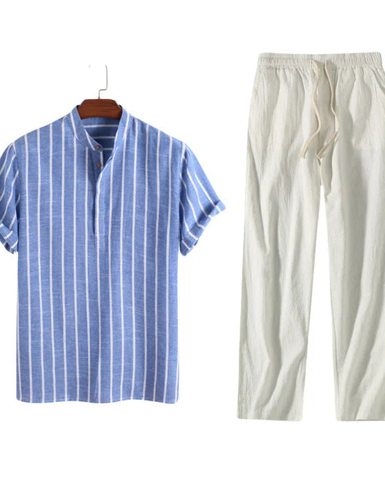 Linnen Zomer Set voor Mannen – Lichtgewicht Ademend met Verstelbare Taille en Gestreept Polo-Design 1