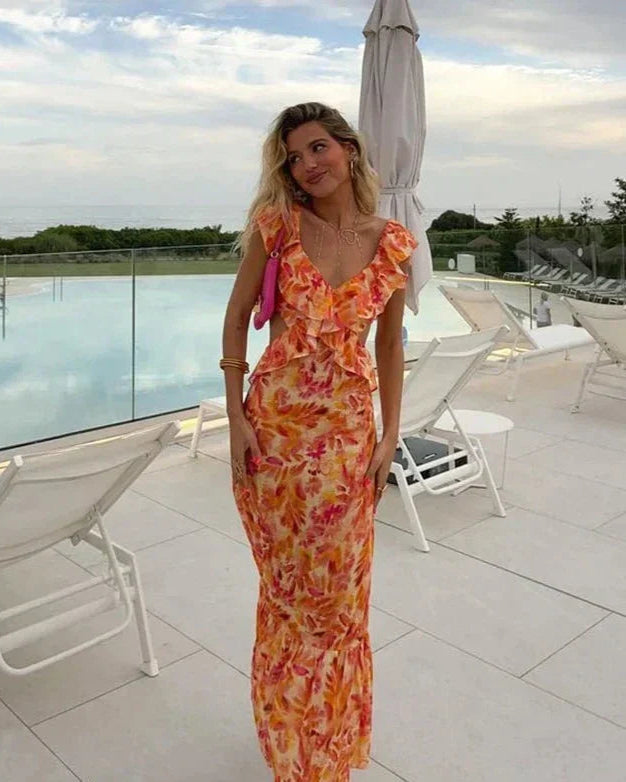 Maxi Jurk Dames met Bloemenprint en Ruches – Lange Zomerjurk met V-hals voor Strand en Feest 0
