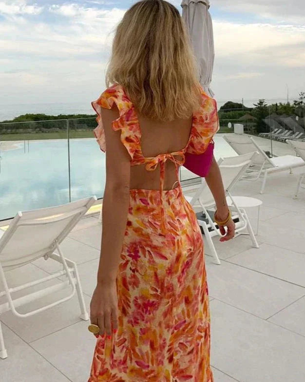 Maxi Jurk Dames met Bloemenprint en Ruches – Lange Zomerjurk met V-hals voor Strand en Feest 1