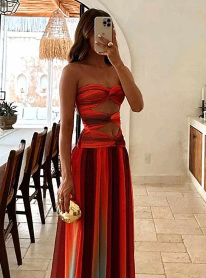 Maxi Jurk Dames met Cut-Outs en Bandeau-Top in Rood-Orange Kleurverloop - Lange Zomerjurk voor Feesten en Vakanties 2