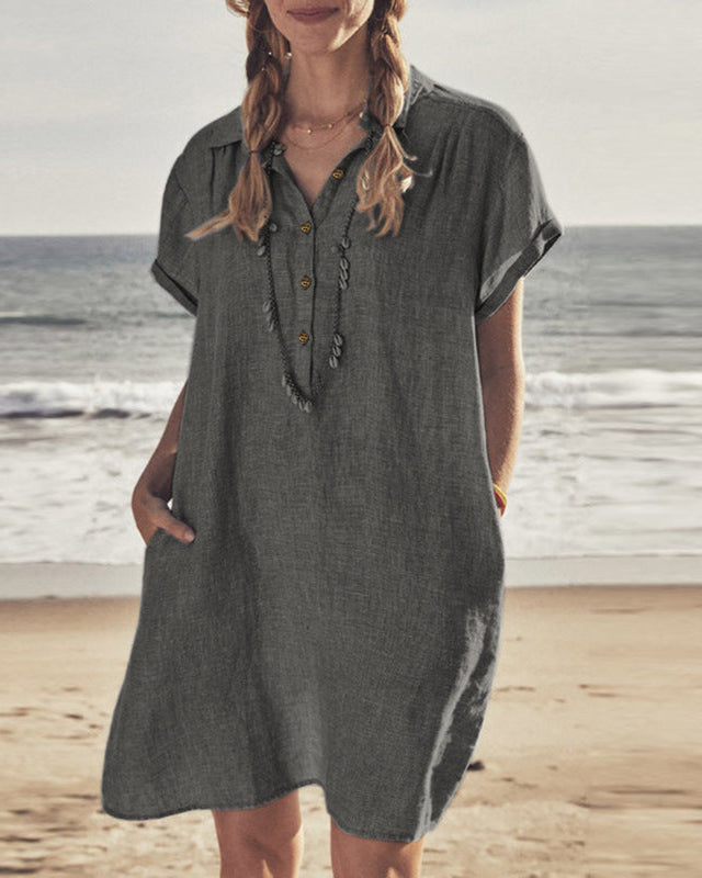 Xandria | Losvallende zomerjurk van katoen-hemp met halve knoopsluiting voor dames