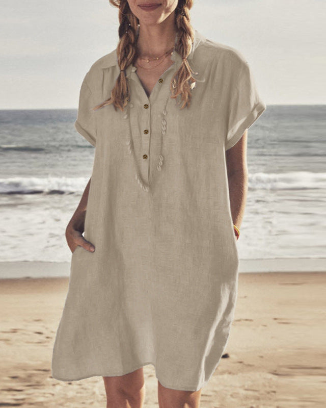 Xandria | Losvallende zomerjurk van katoen-hemp met halve knoopsluiting voor dames