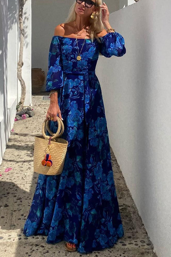 Off-Shoulder Maxi Jurk Dames met Bloemenprint – Lange Zomerjurk in Lichte Stof voor Romantische Gelegenheden 1
