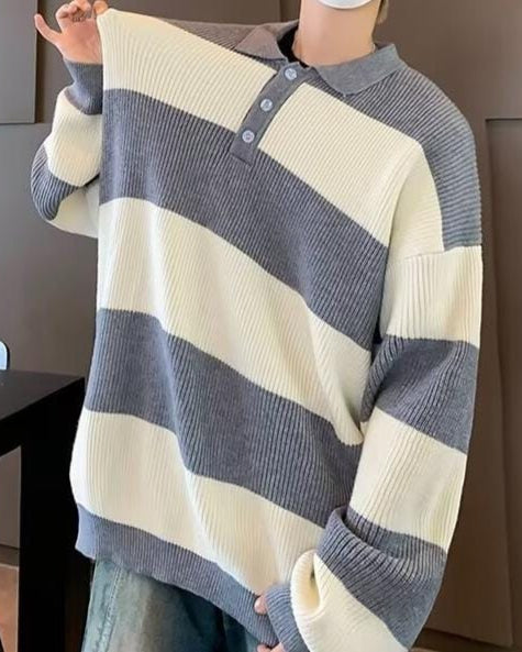Retro Heren Sweater met Losse Pasvorm en Contrasterende Kleuren - Comfortabele Pullover voor Informele Kleding 2