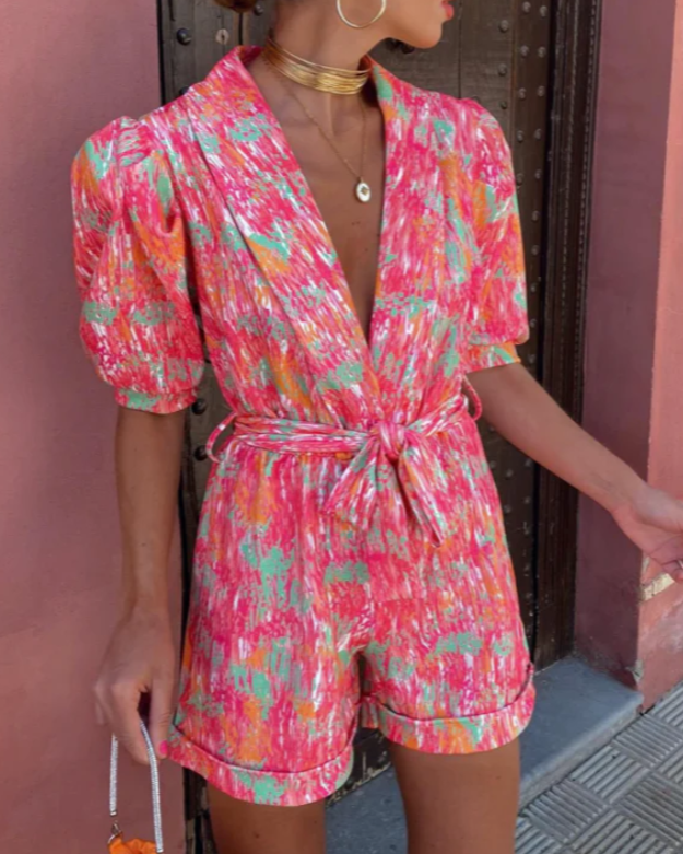 Sunny – Kleurrijke Korte Jumpsuit – Diepe V-Hals – Zomeroutfit Dames