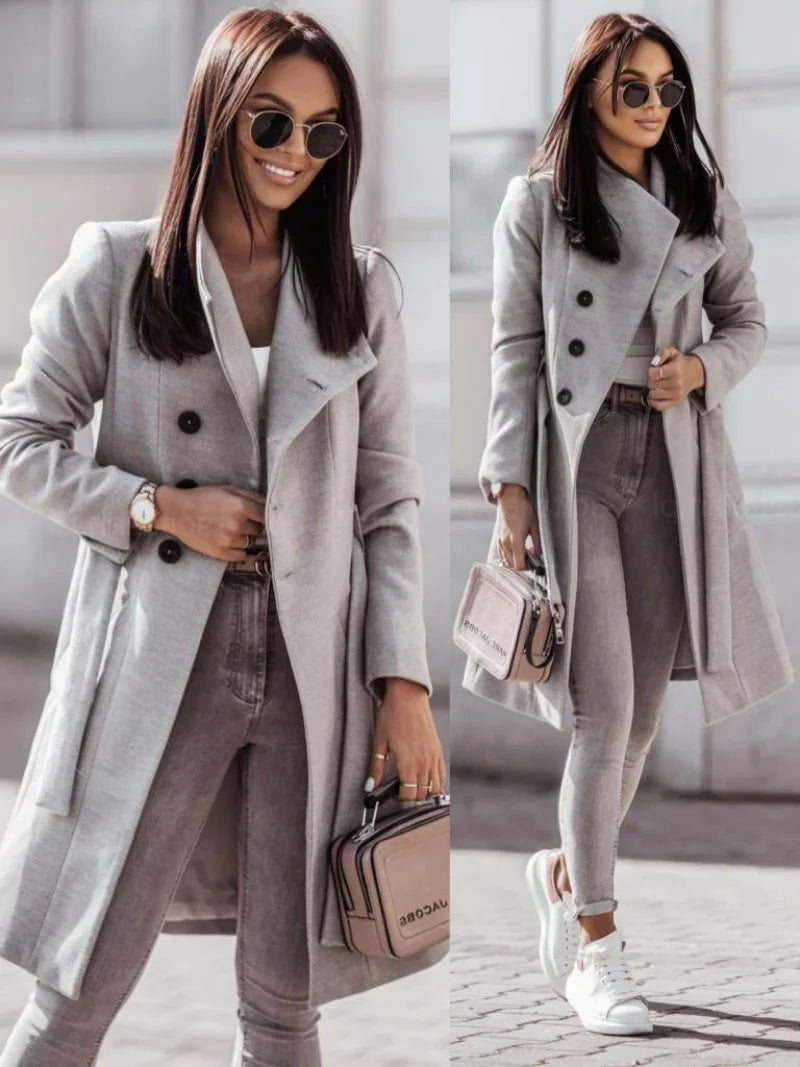 Zwarte Lange Trenchcoat Dames met Dubbelgeknoopte Sluiting – Ideaal voor Herfst en Winter 3