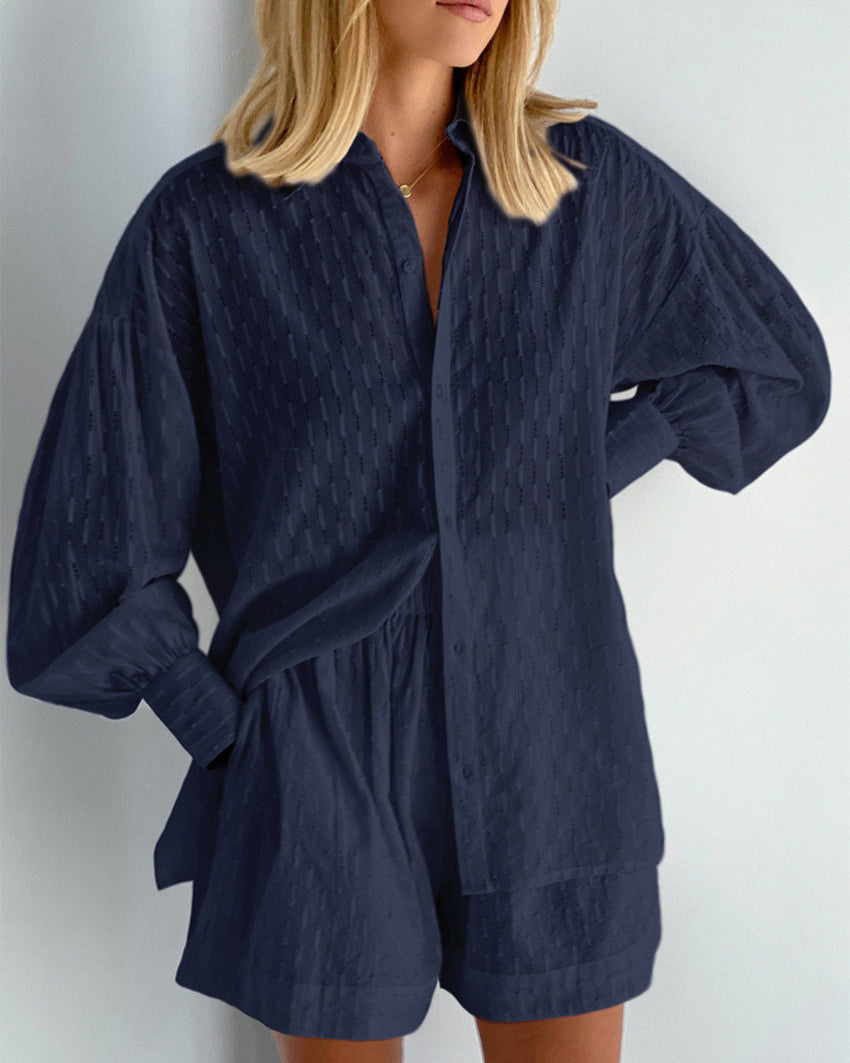 Sabrina | Gedessineerde dames two piece set met button-up shirt en comfortabele shorts