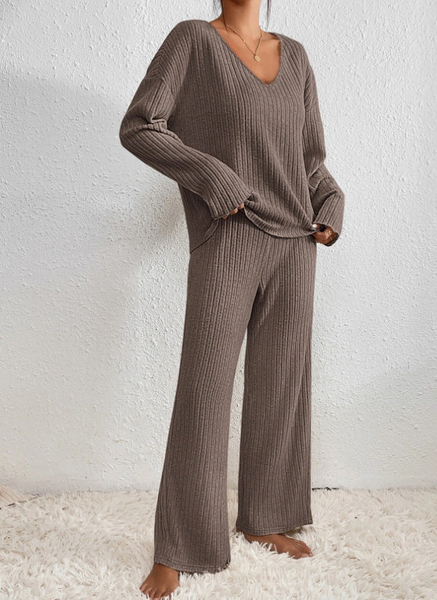 Luna – Geribde Tweedelige Set – V-Hals Trui & Broek – Cozy Lounge Look Dames