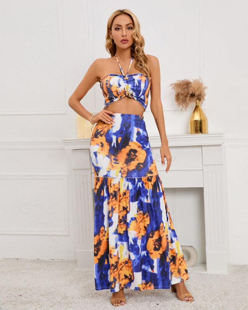 Adenaida | Bohemian dames tweedelige set met haltertop en fishtail rok