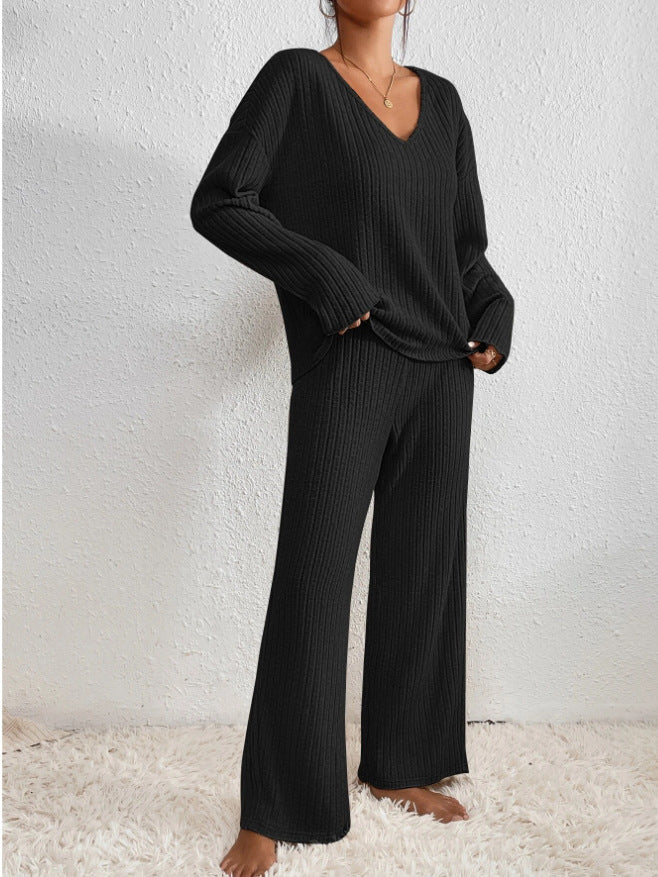Luna – Geribde Tweedelige Set – V-Hals Trui & Broek – Cozy Lounge Look Dames