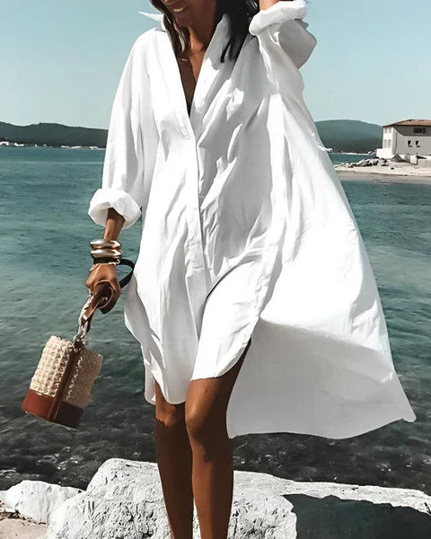 Erika | Witte zomerjurk met V-hals en polo-stijl voor dames met lange mouwen