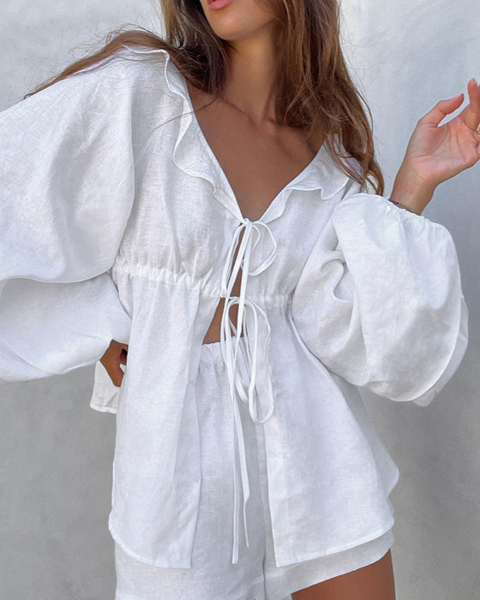 Lileth | Gedessineerde dames set met ruffle top en comfortabele shorts