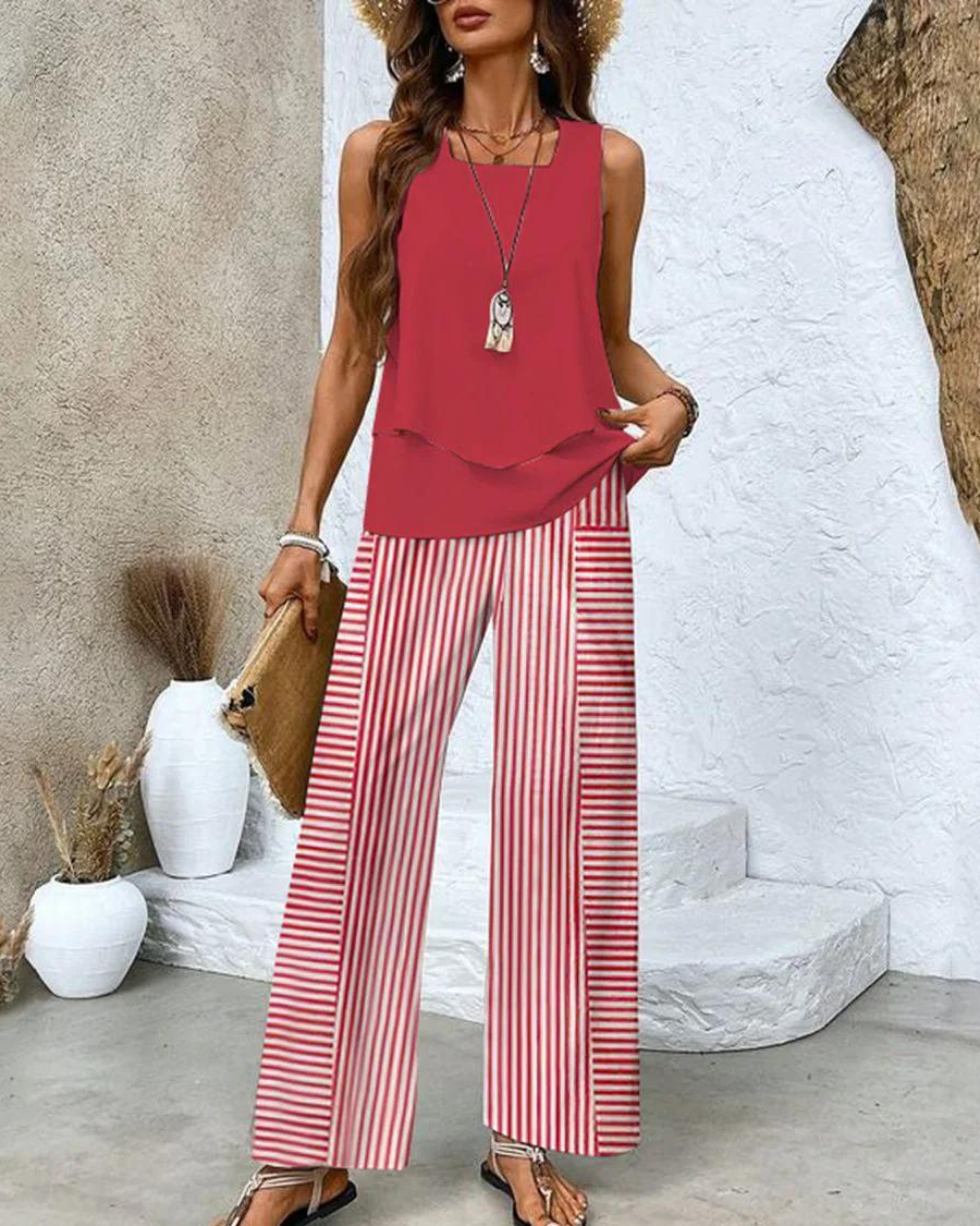 Onnah | Zomerse dames tweedelige set met gelaagde top en vloeiende broek