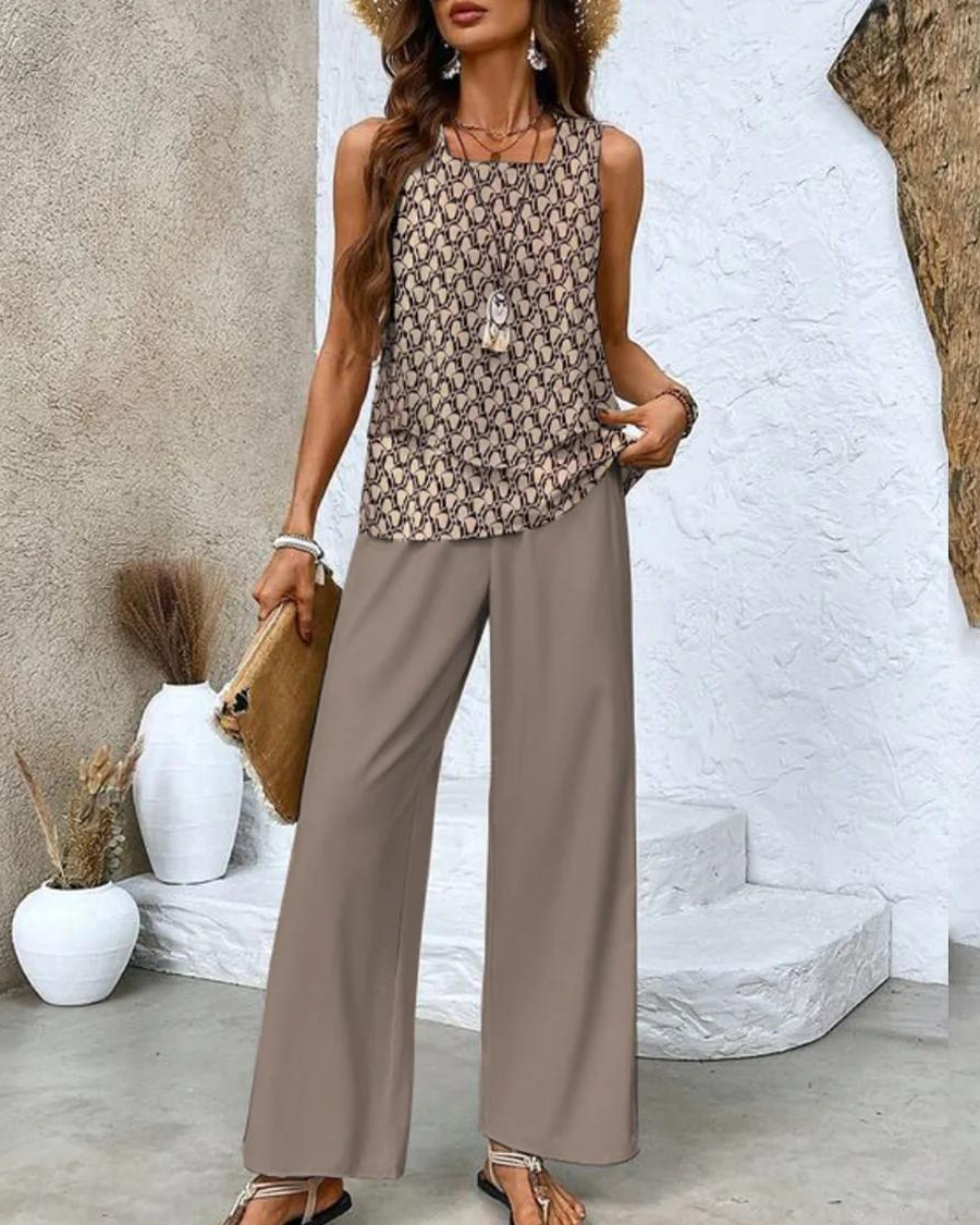 Onnah | Zomerse dames tweedelige set met gelaagde top en vloeiende broek