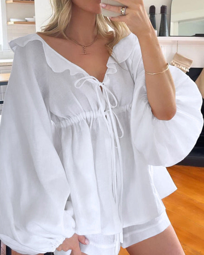 Lileth | Gedessineerde dames set met ruffle top en comfortabele shorts
