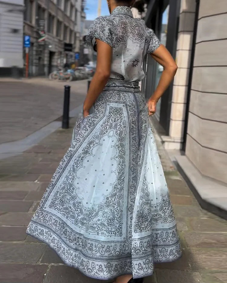 Alfina | Boho tweedelige dames set met organza blouse en flowy midi-rok voor een elegante zomerse stijl