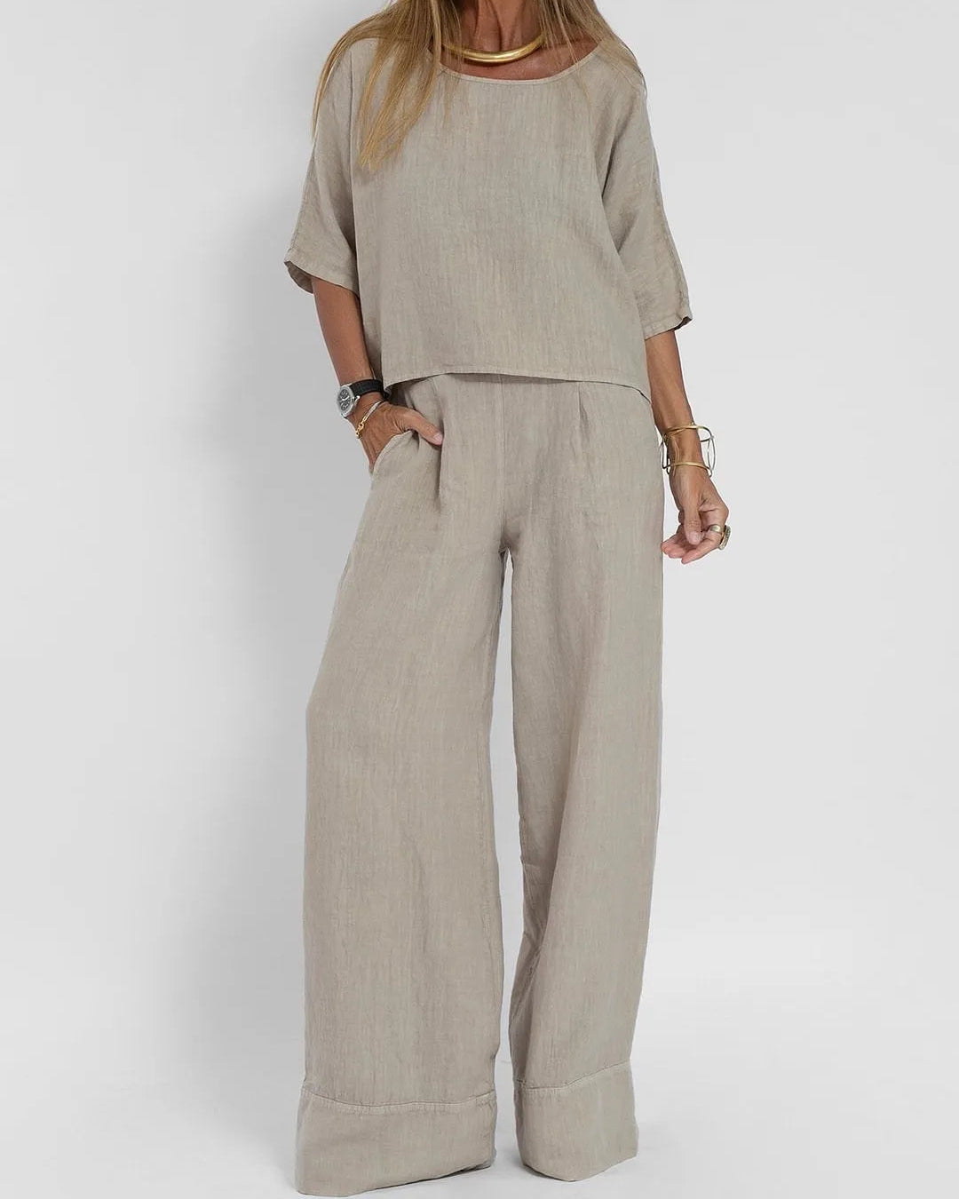 Ademend Casual Outfit Set voor Elke Dag – Coördinerende Top en Broek in Beige, Wit, Zwart en Mosterd, Diverse Maten Beschikbaar 0