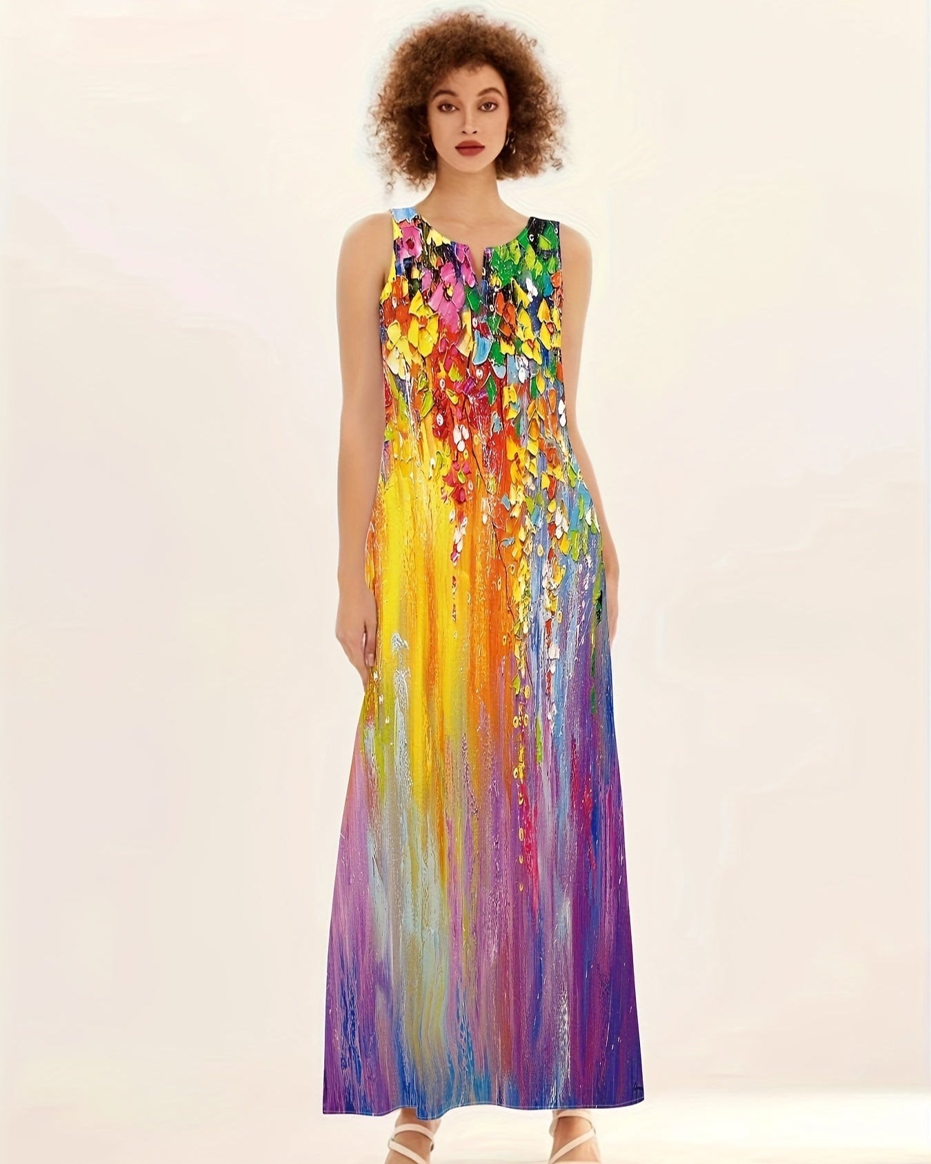 Bohemian Maxi Jurk Dames met V-hals en Bloemenprint – Mouwloze Lange Zomerjurk voor Casual Uitjes 0