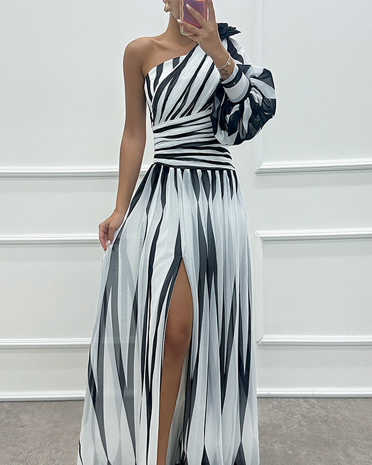 Elegante Maxi Jurk Dames met Één Schouder en Gestreept Patroon - Lange Zomerjurk voor Feestjes en Avond Events 0