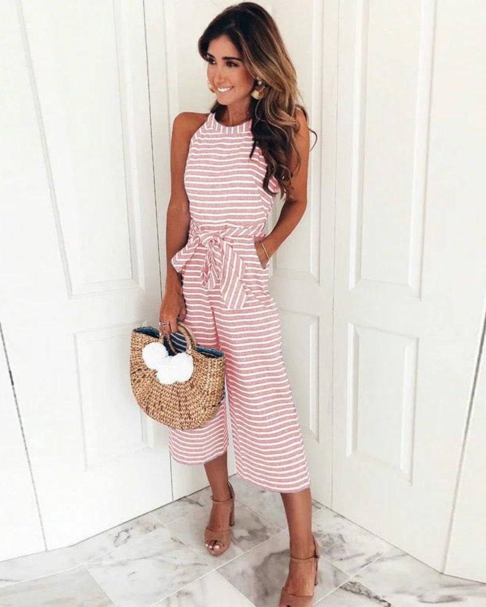 Gestreepte Jumpsuit met Wijde Pijpen en Mouwloos Ontwerp - Elegante Outfit voor Casual en Formele Gelegenheden 1