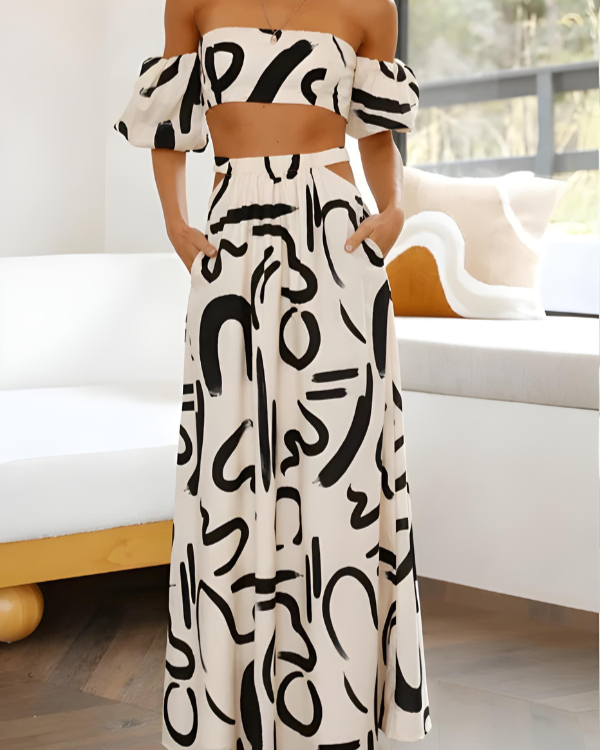 Lara | Dames Camilla Rokset | Off-the-Shoulder Top | Abstracte Print | Mode 1
