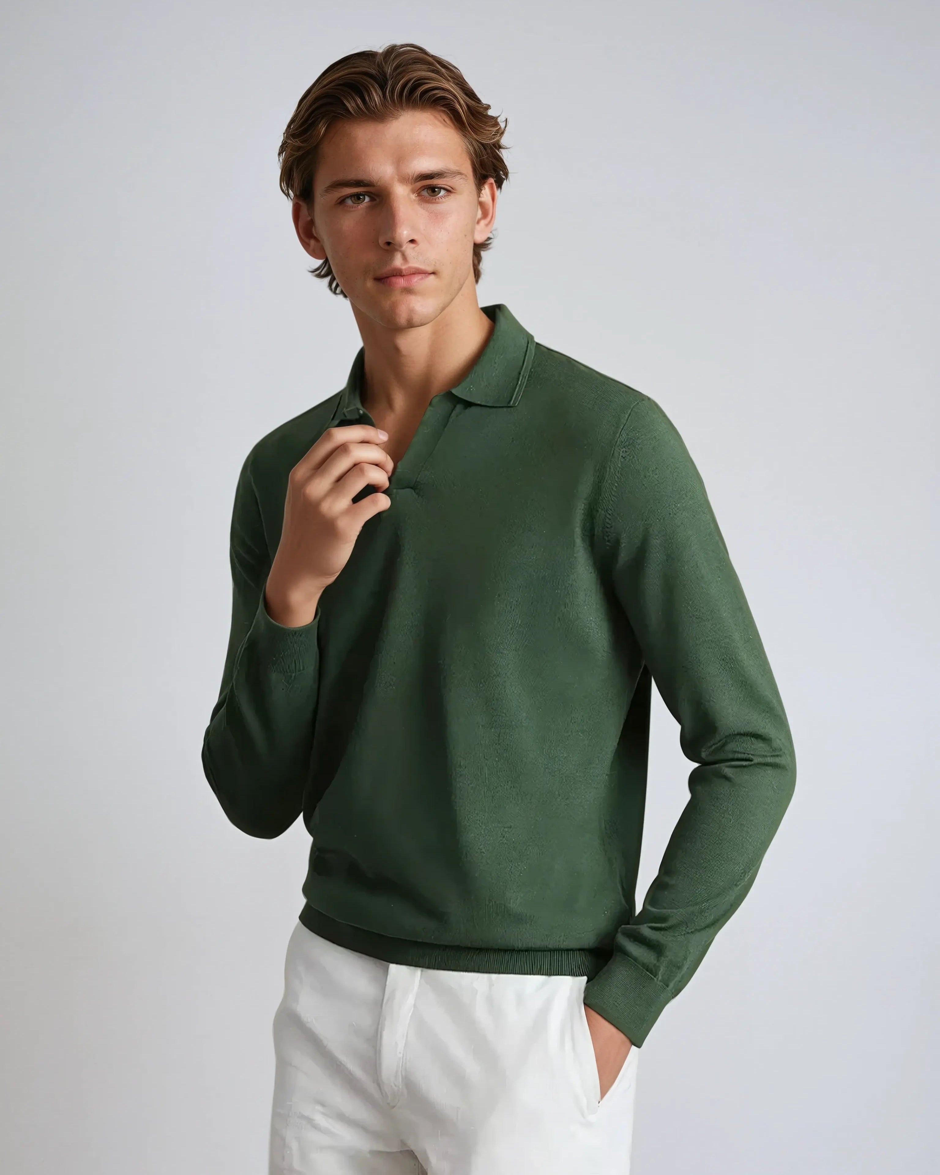 Knooploze Lange Mouwen Polo Heren in Groen - Comfortabel en Stijlvol Poloshirt voor Casual en Formele Gelegenheden 0