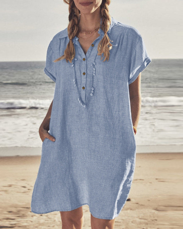 Xandria | Losvallende zomerjurk van katoen-hemp met halve knoopsluiting voor dames