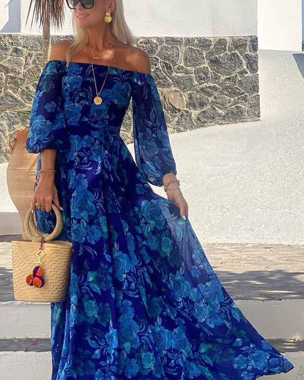 Off-Shoulder Maxi Jurk Dames met Bloemenprint – Lange Zomerjurk in Lichte Stof voor Romantische Gelegenheden 0
