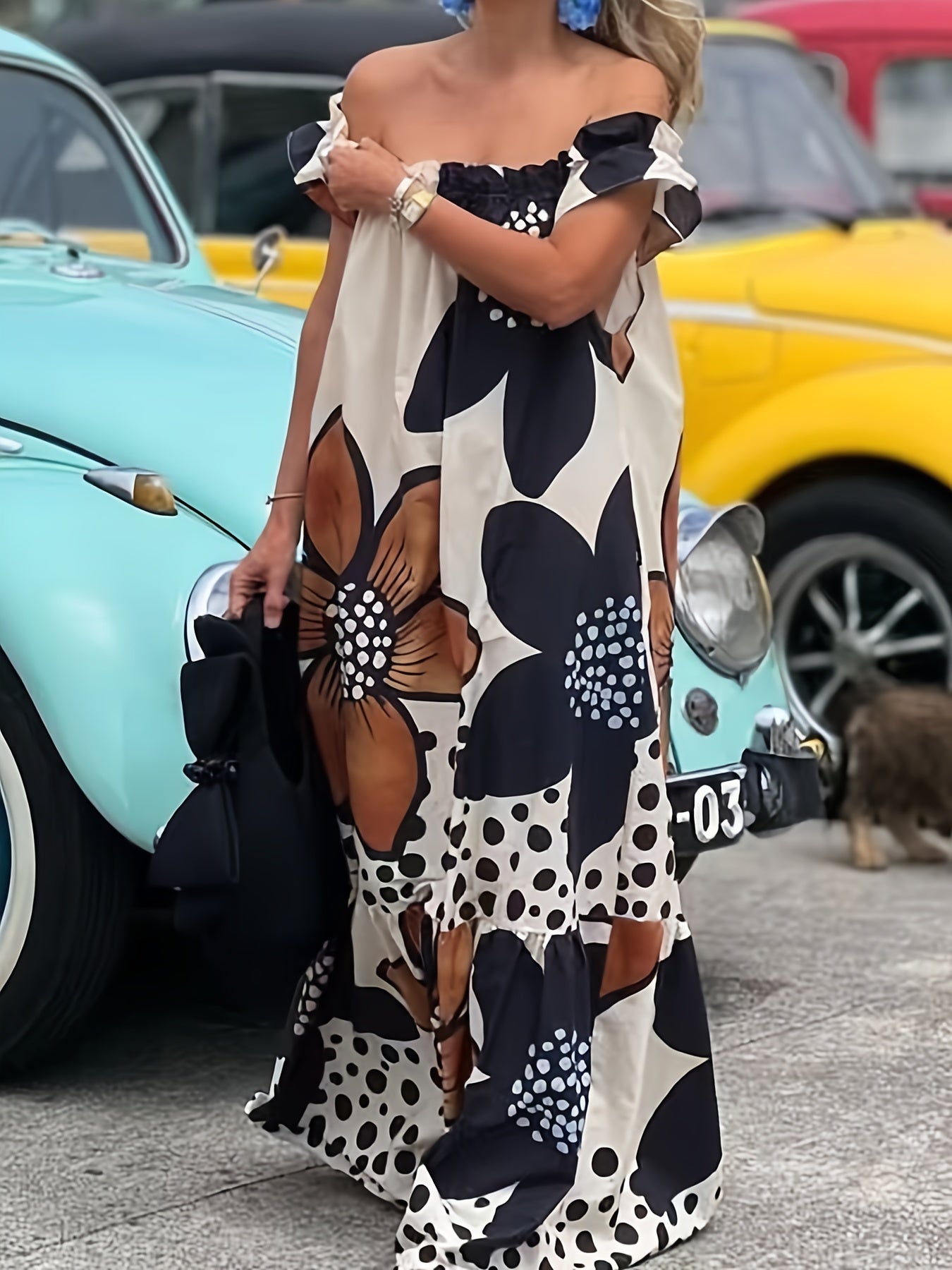 Plus Size Boho Maxi Jurk Dames met Off-Shoulder Halslijn en Bloemenprint – Lichte Lange Zomerjurk voor Casual Gelegenheden 0