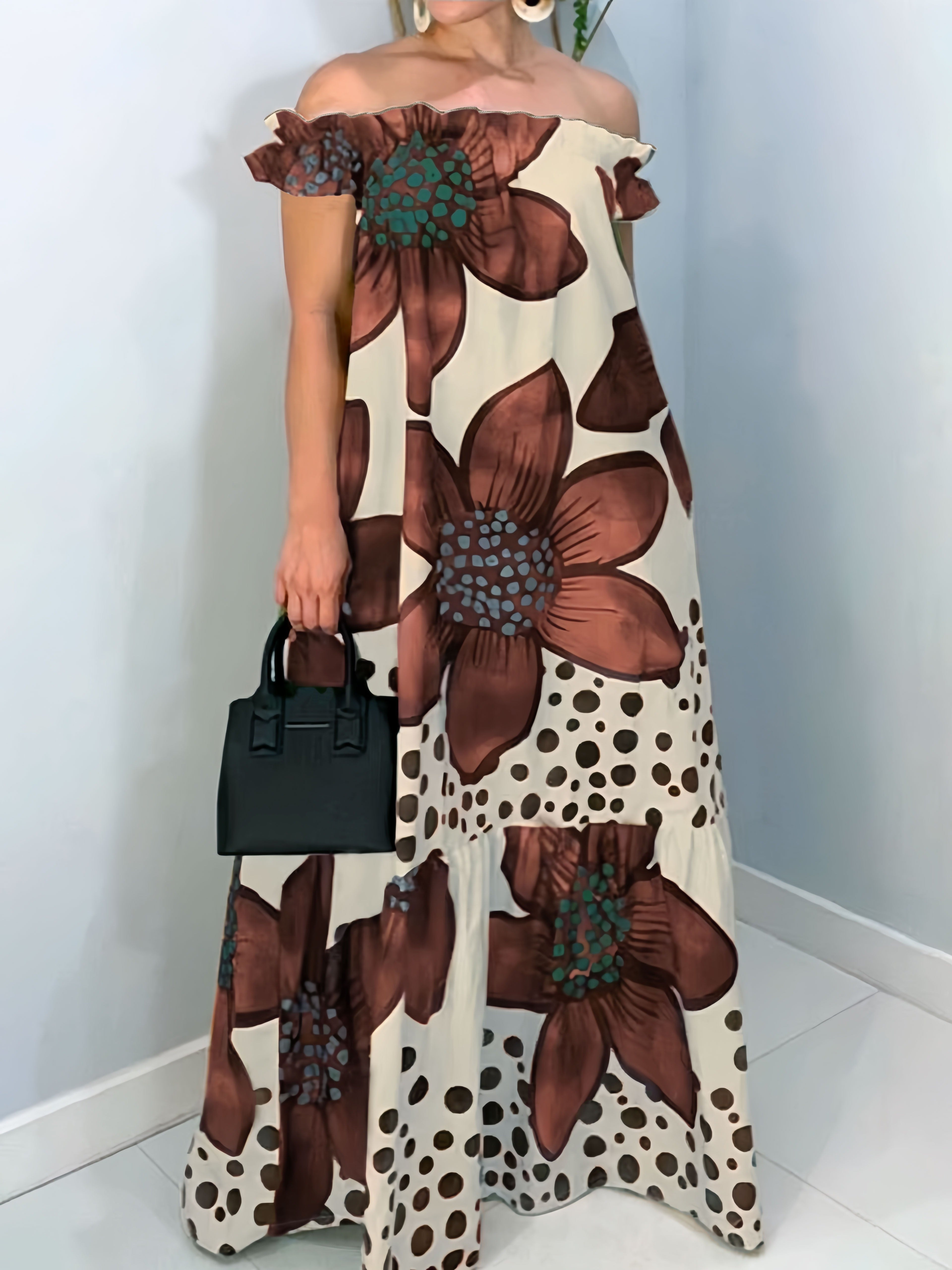 Plus Size Boho Maxi Jurk Dames met Off-Shoulder Halslijn en Bloemenprint – Lichte Lange Zomerjurk voor Casual Gelegenheden 1