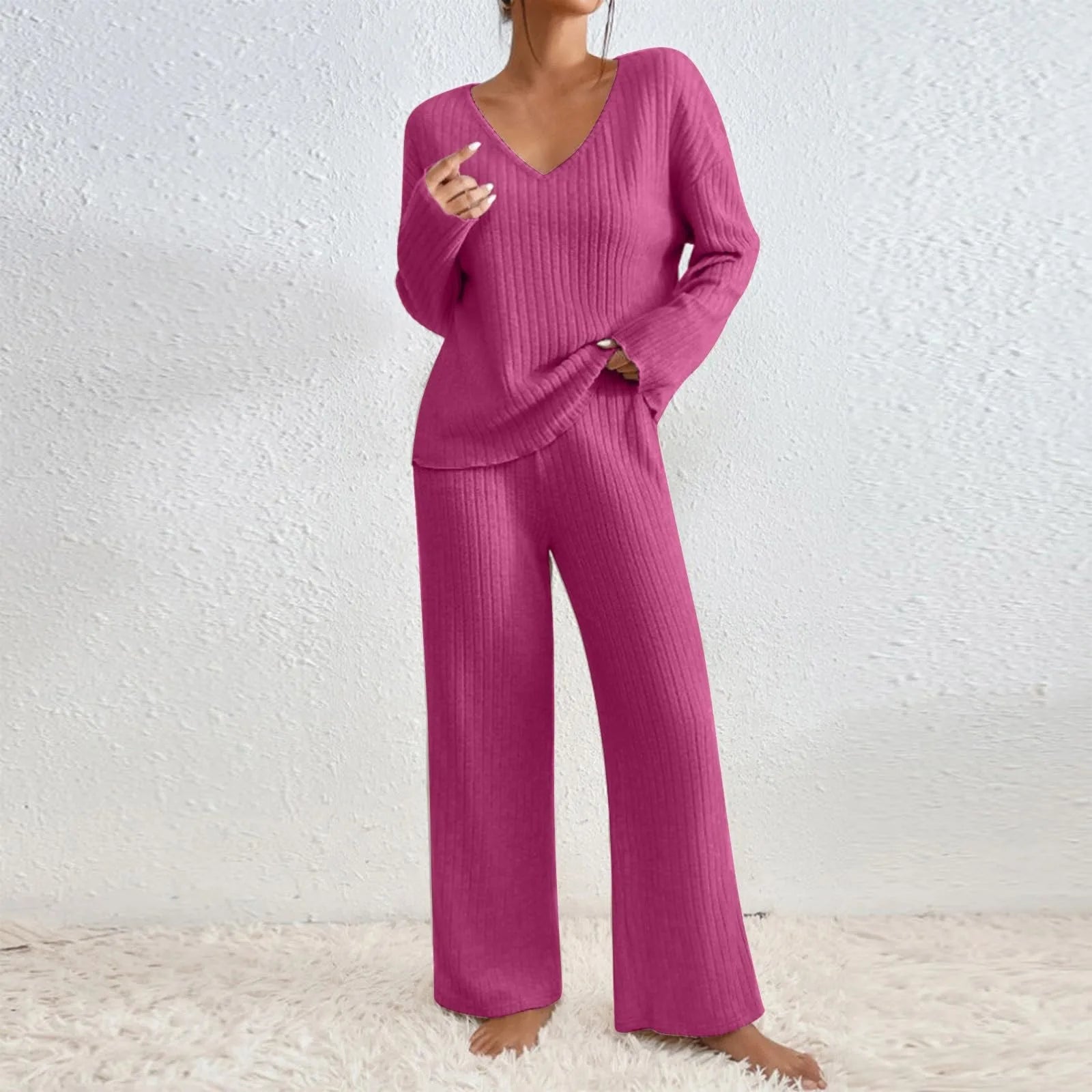 Luna – Geribde Tweedelige Set – V-Hals Trui & Broek – Cozy Lounge Look Dames