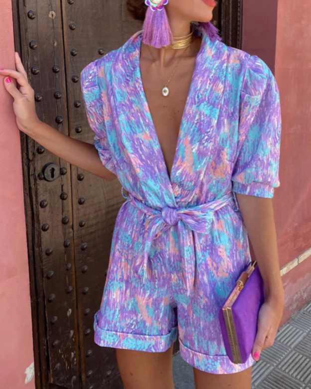 Sunny – Kleurrijke Korte Jumpsuit – Diepe V-Hals – Zomeroutfit Dames